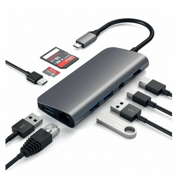 USB-концентратор Satechi Aluminum Type-C Multimedia Adapter (ST-TCMM8PA), разъемов: 4, space gray в Ростове-на-Дону
